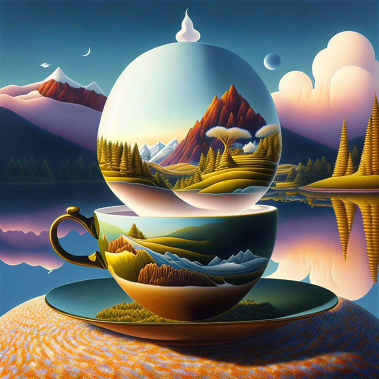 Surreal artwork: Cup and saucer with landscape scene blending under dusk sky.