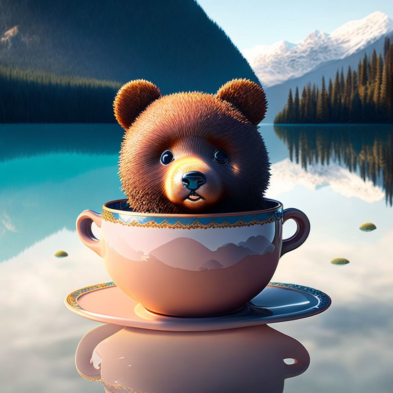 Brown Bear Cub Peeking from Teacup on Mountain Lake