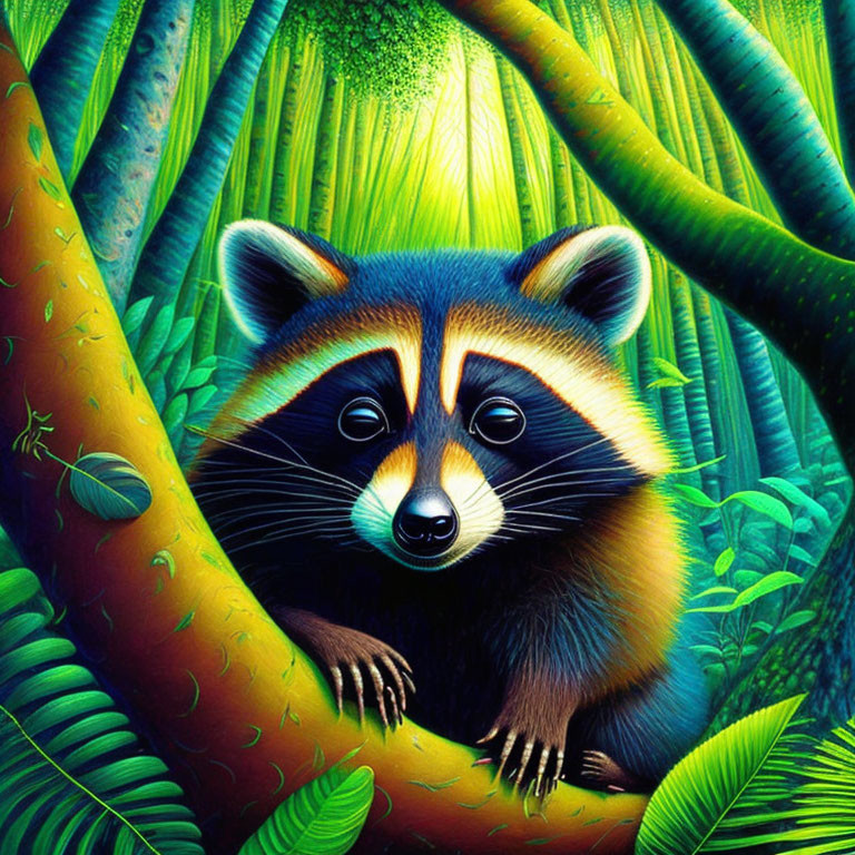 Colorful Illustration: Raccoon in Green Forest Setting