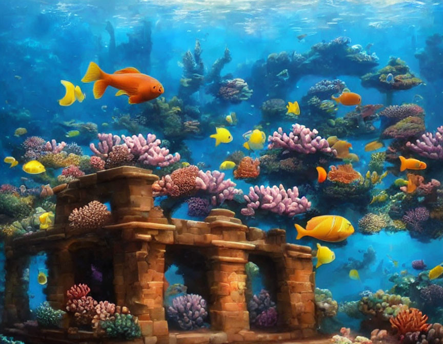 Colorful Fish and Coral Reefs in Ancient Ruins Scene