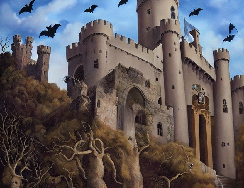 Gothic castle with turrets, dusky sky, gnarled trees, and flying bats