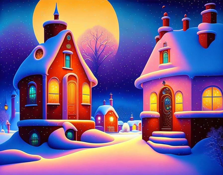 Colorful Winter Scene with Cozy Homes and Full Moon