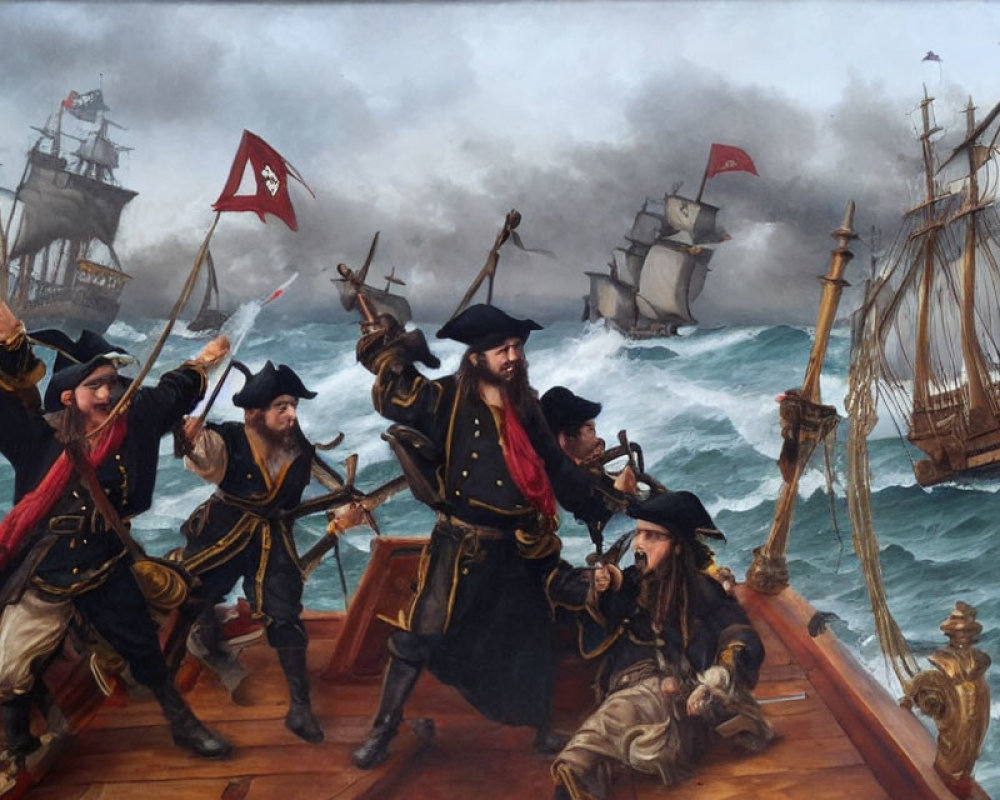 18th-Century Pirates in Sea Battle with Swords and Pistols