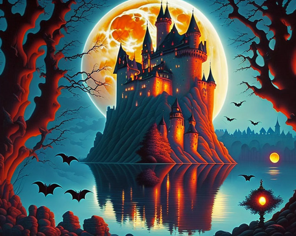 Fantastical castle on island under full moon with bats and bare trees.