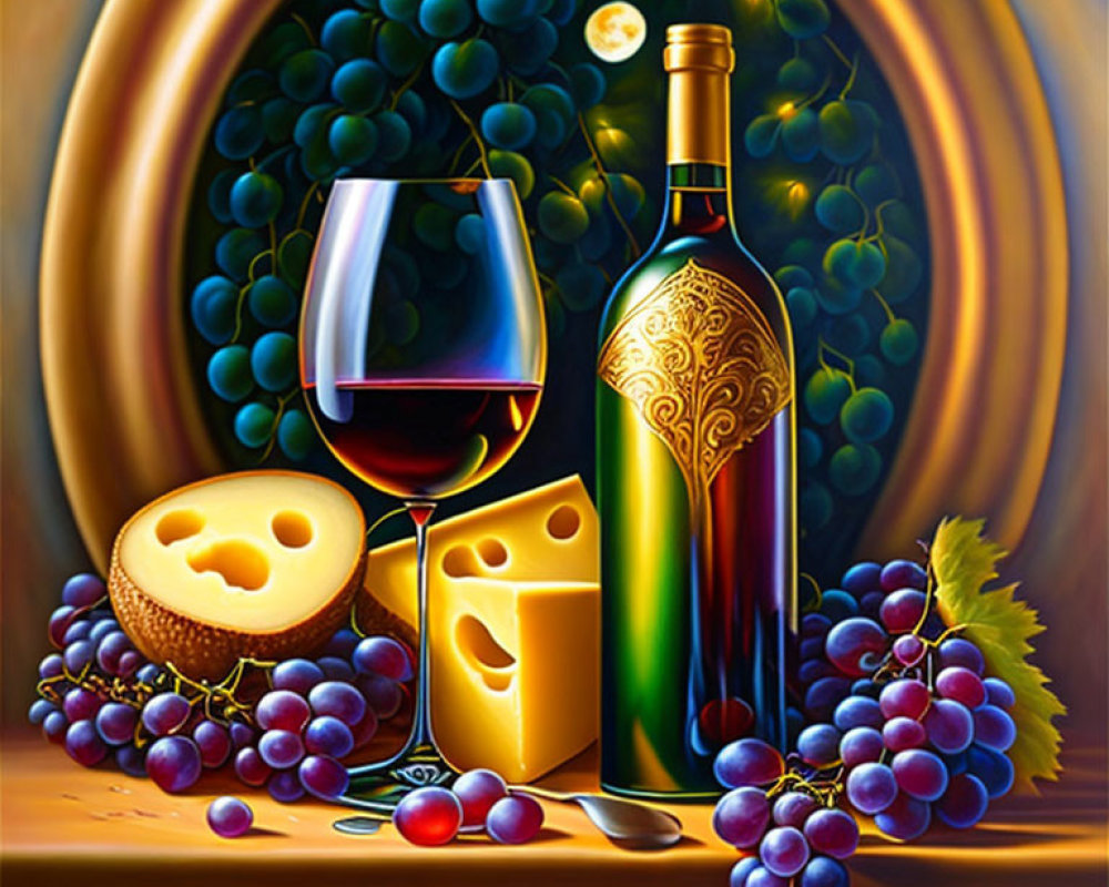 Colorful Still Life Painting: Wine Glass, Bottle, Cheese, Grapes on Moonlit Background