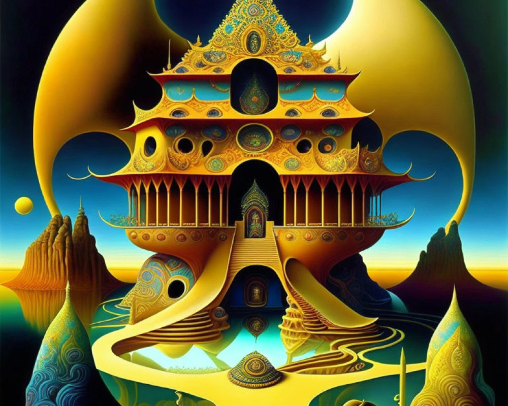 Surreal golden temple with crescent moon and mountains in vibrant illustration