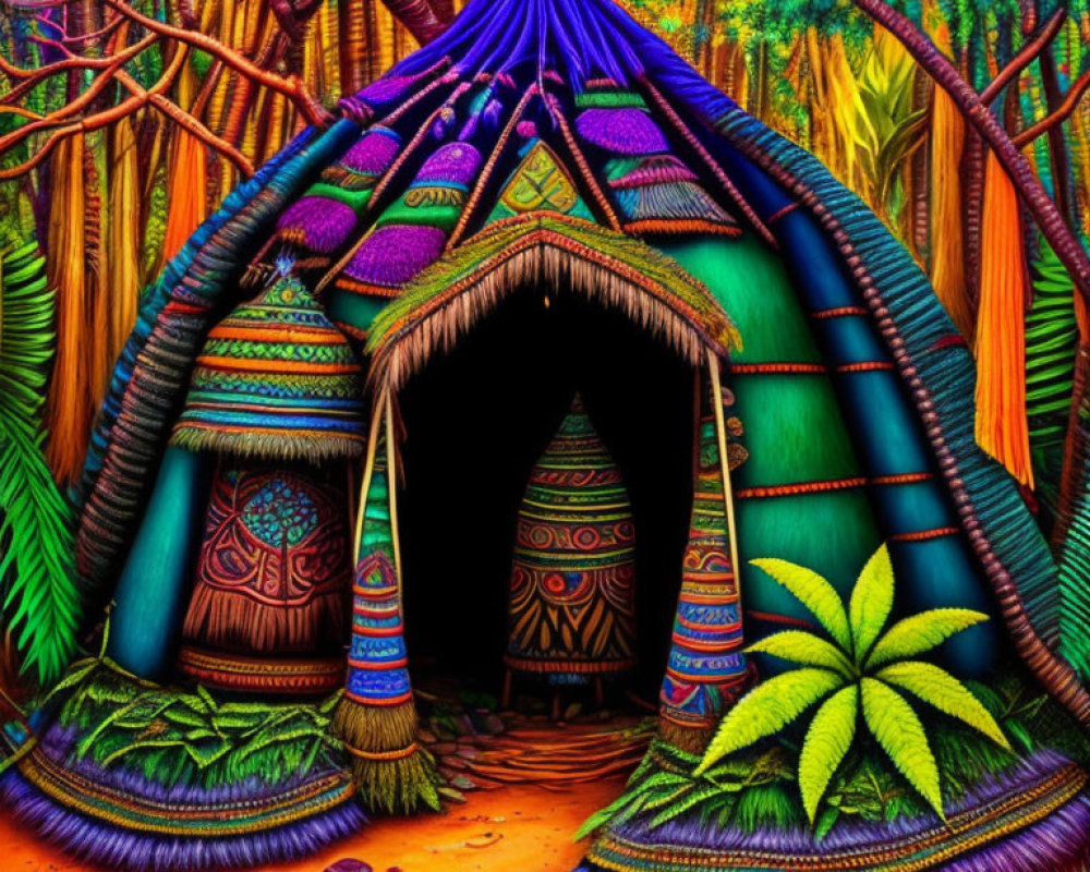 Vibrant tribal hut illustration in lush forest setting