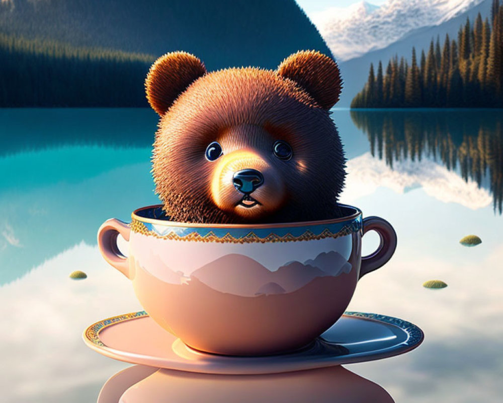 Brown Bear Cub Peeking from Teacup on Mountain Lake