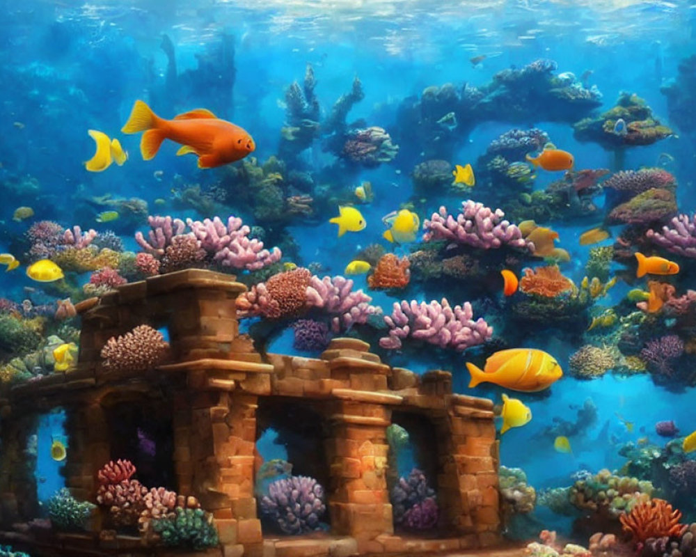Colorful Fish and Coral Reefs in Ancient Ruins Scene