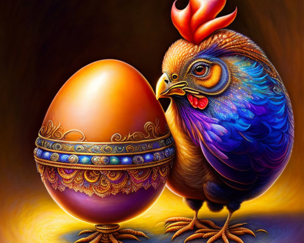 Colorful Rooster Painting with Elaborate Feathers and Ornate Egg