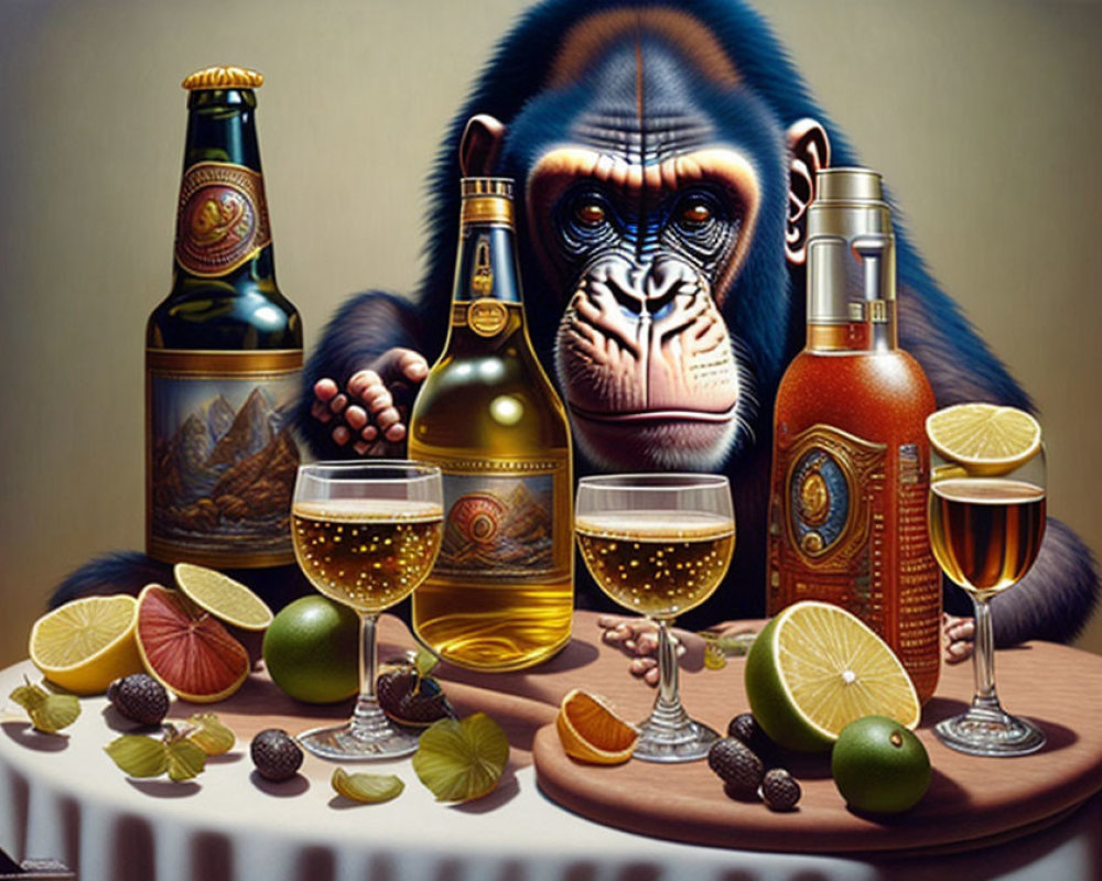 Realistic painting of a chimpanzee with beer, whiskey, and citrus fruits