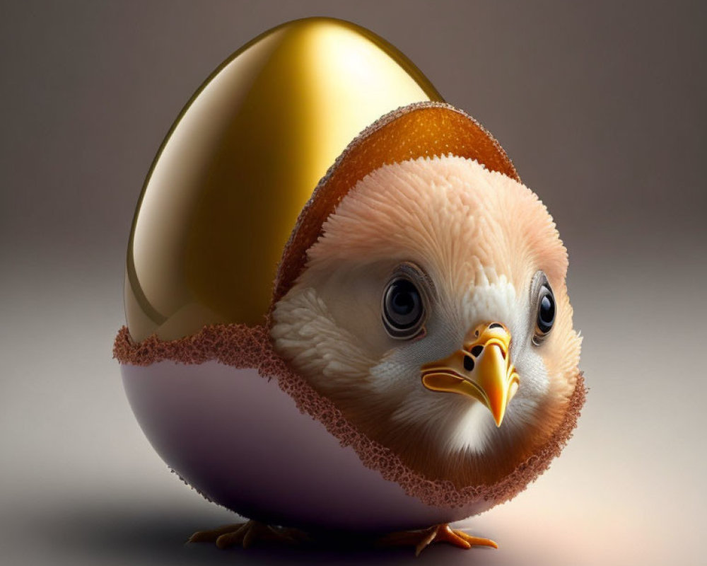 Digital artwork: Cute chick with chocolate egg body, golden top, on neutral background