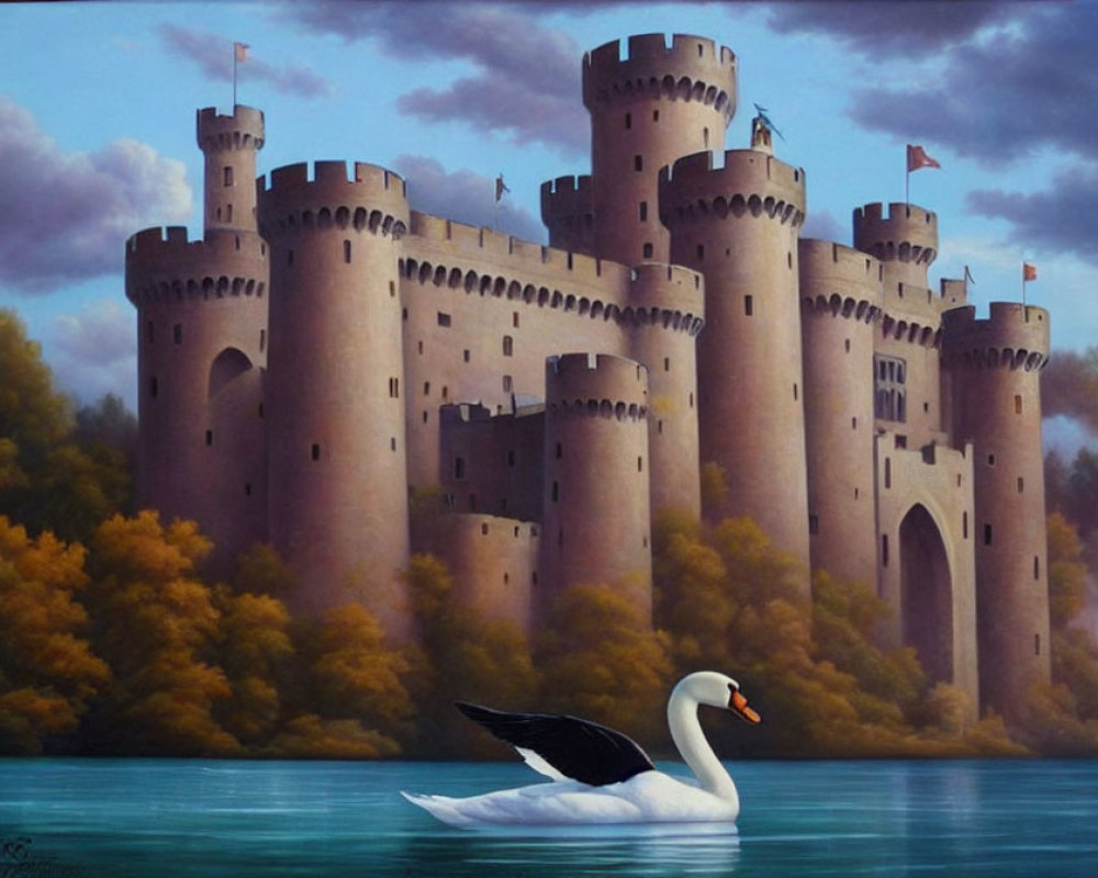 Majestic castle painting with serene lake and elegant swan