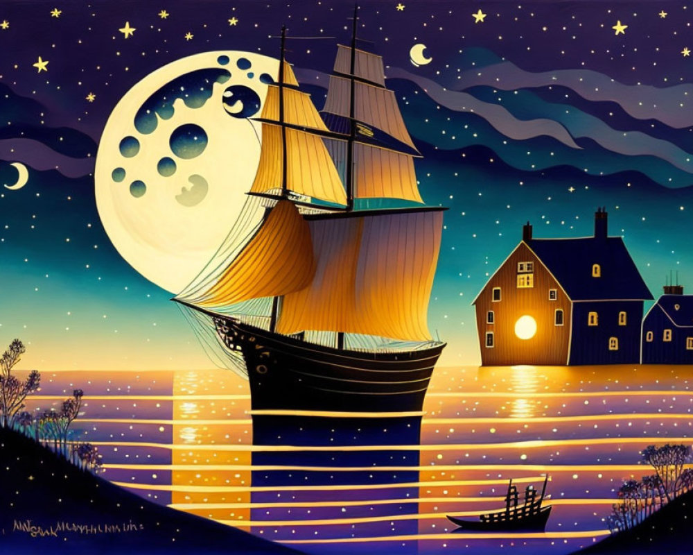 Stylized ship sailing at night with crescent moon and stars