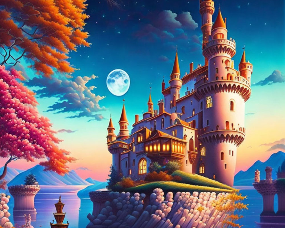 Majestic castle at twilight with full moon, autumn trees, serene lake