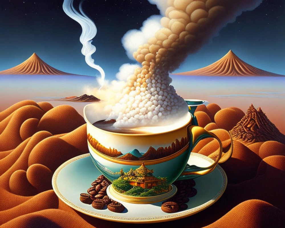 Surreal artwork: large coffee cup in sandy dunes with cream eruption