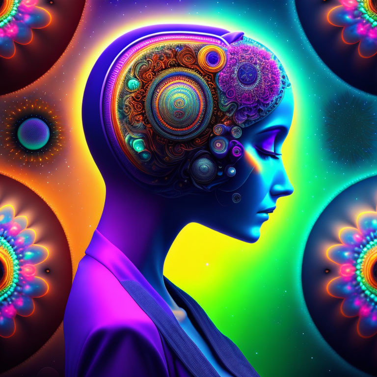 Colorful digital artwork: Woman's profile with mechanical brain in cosmic setting