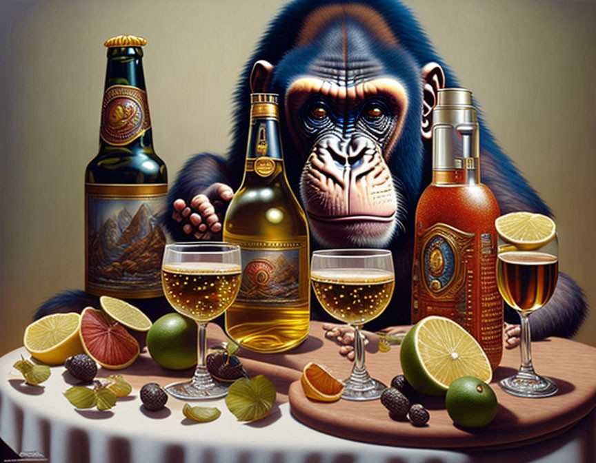 Realistic painting of a chimpanzee with beer, whiskey, and citrus fruits