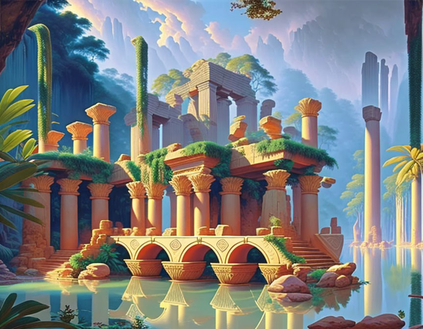 Mystical fantasy landscape with ancient ruins and serene river