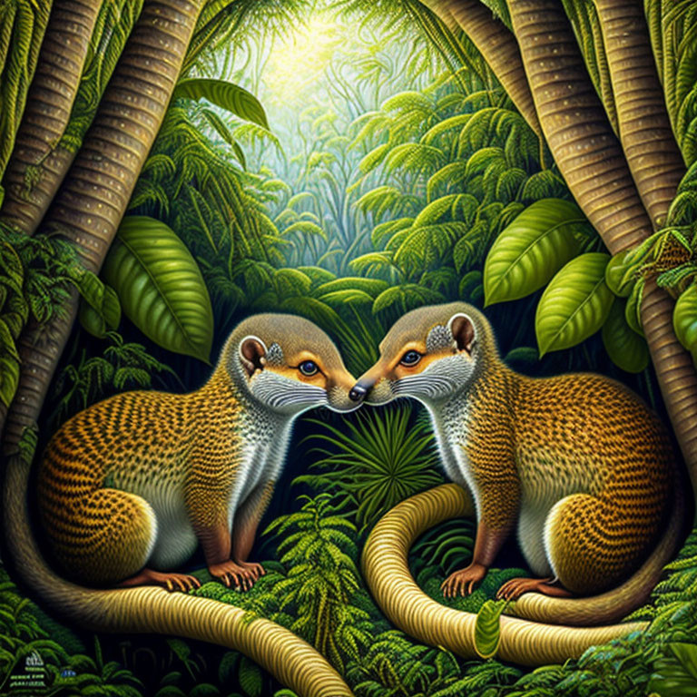 Symmetrical Coatis in Lush Jungle Setting