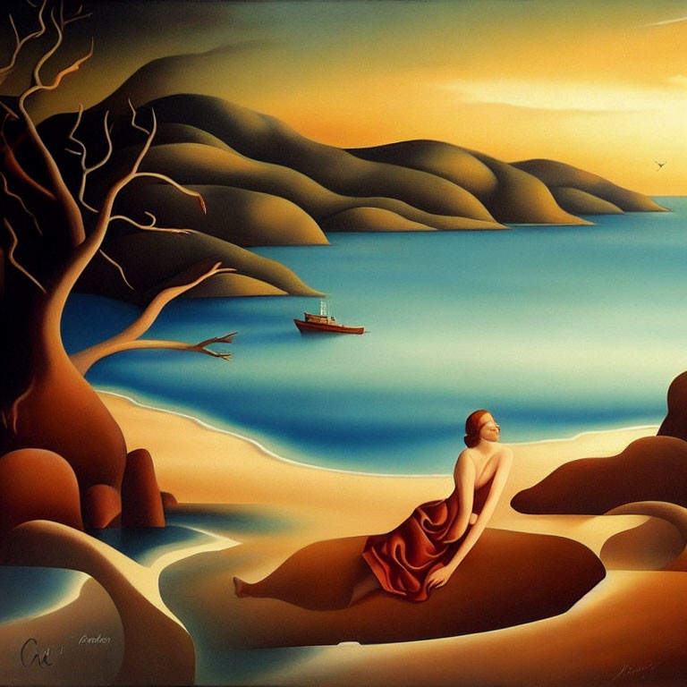 Surreal landscape with woman, boat, hills, and sunset sky