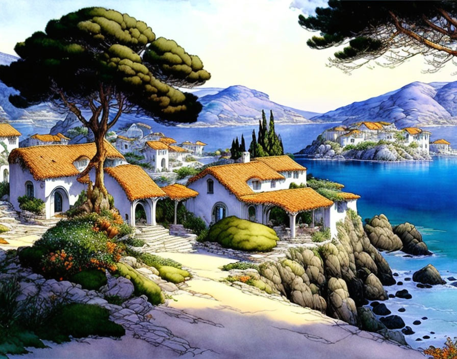 Scenic Coastal Landscape with Mediterranean Houses and Blue Sea