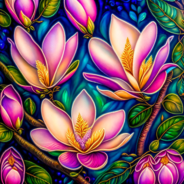 Colorful Stylized Pink Magnolia Blossoms on Rich Blue Background