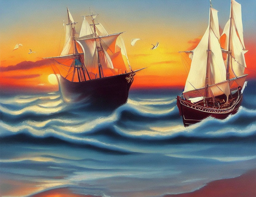 Tall ships sailing on rolling sea waves at sunset with seagulls flying under colorful sky