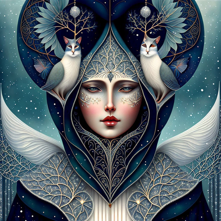 Symmetrical woman illustration with silver headdress and winged white cats