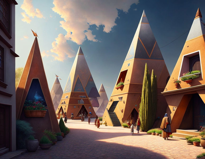 Fictional street scene with pyramid-like buildings, people, and vibrant sunset sky