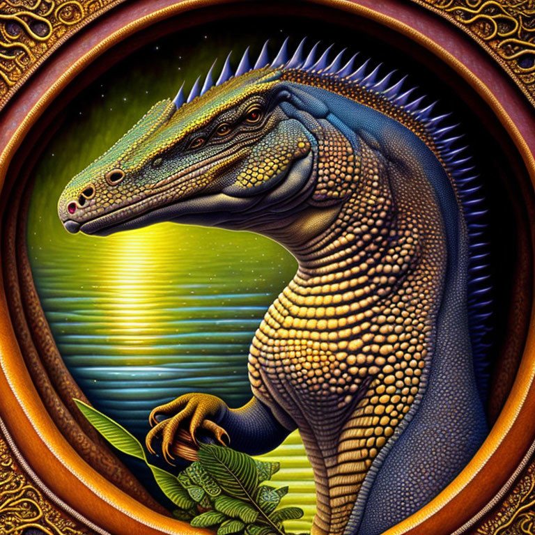 Detailed Velociraptor Artwork: Blue & Gold Stylized Design in Ornate Circular Frame