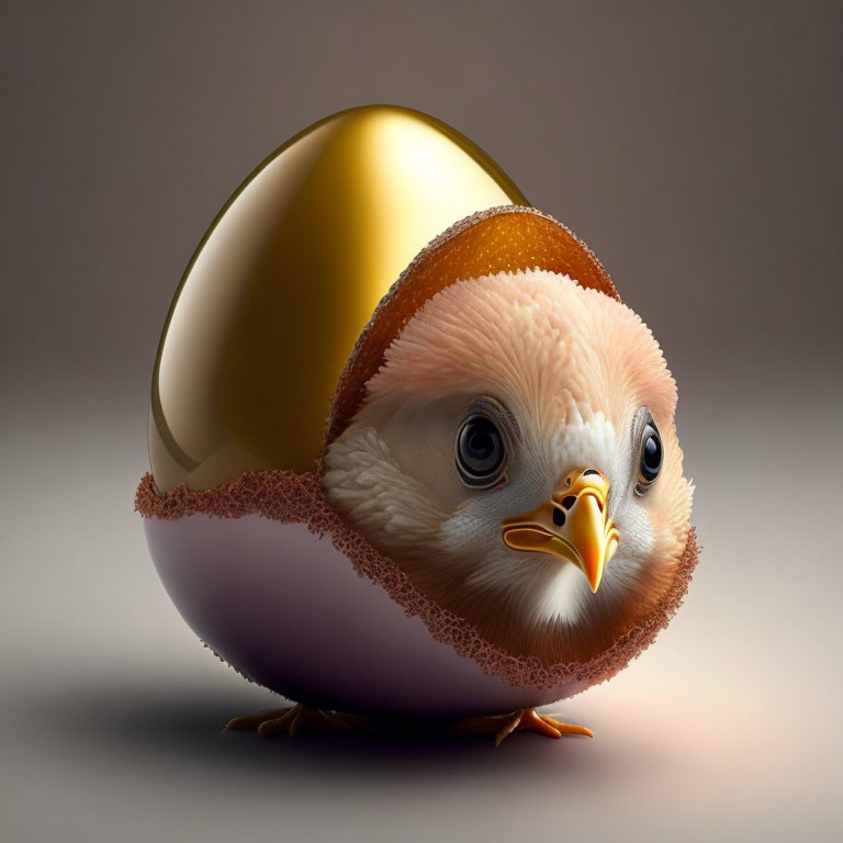 Digital artwork: Cute chick with chocolate egg body, golden top, on neutral background