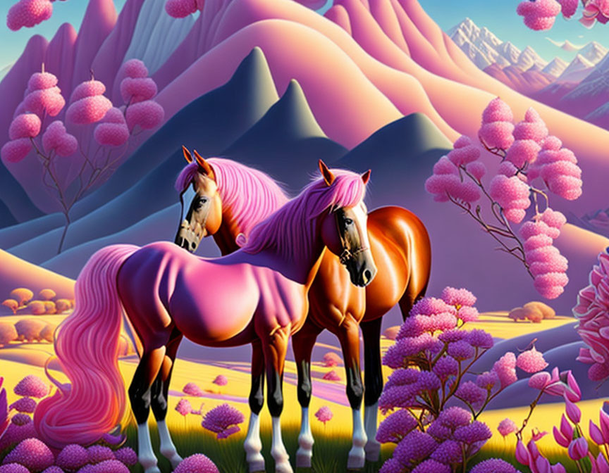 Colorful Stylized Horses in Vibrant Fantasy Landscape