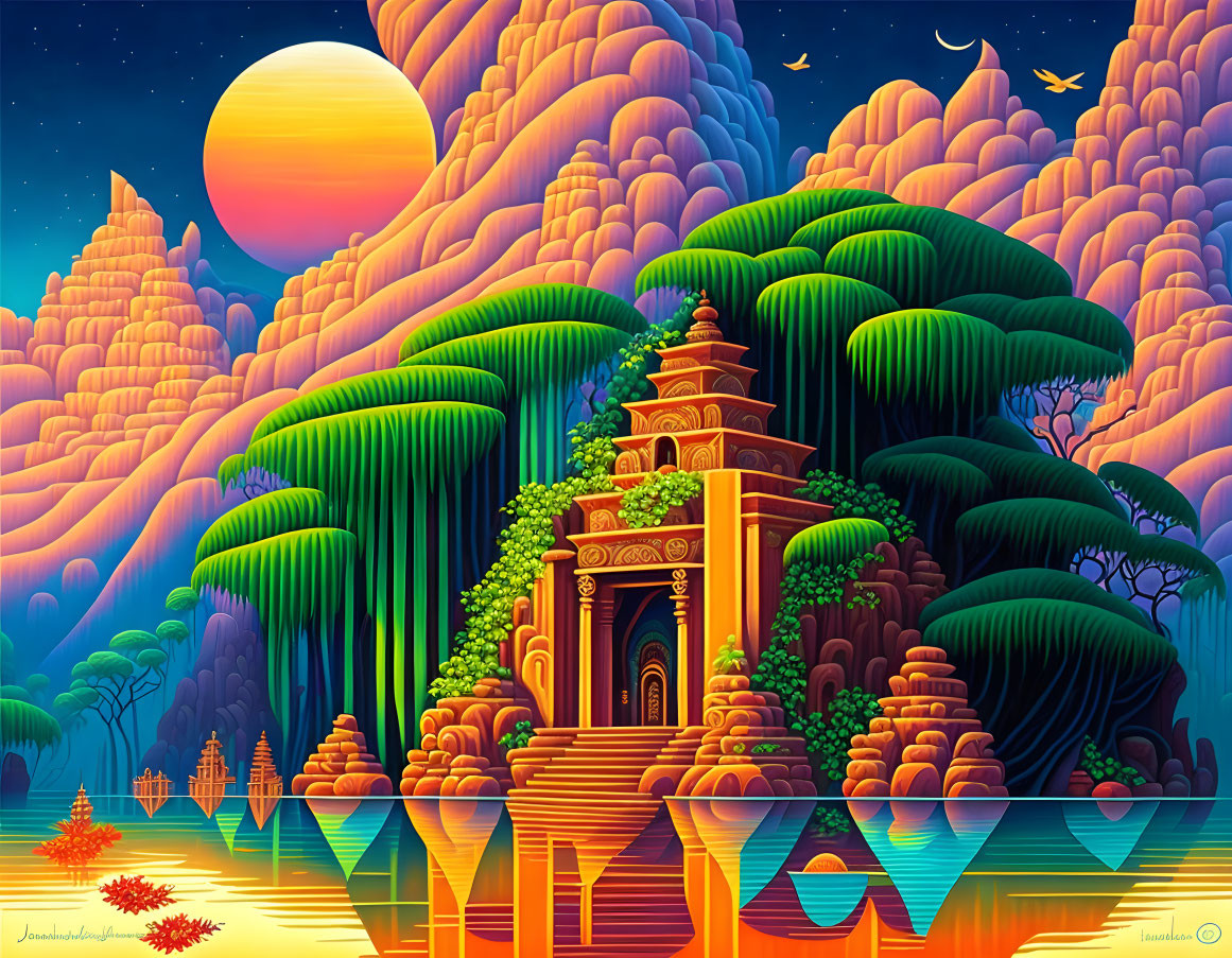 Fantastical landscape with temple, lush foliage, sun, water body, and stylized mountains