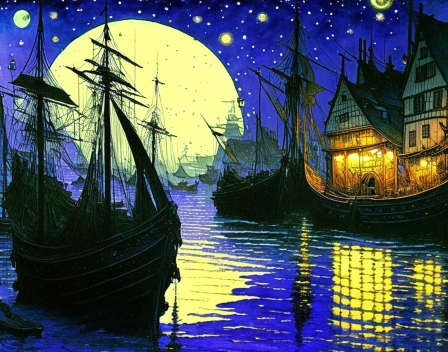 Night scene: old harbor with sailing ships, moonlit sea, and medieval buildings