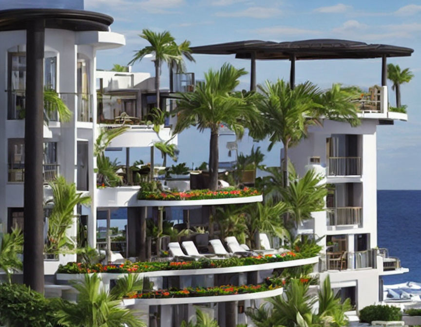 Luxurious seaside resort balconies with lush greenery overlooking marina boats.