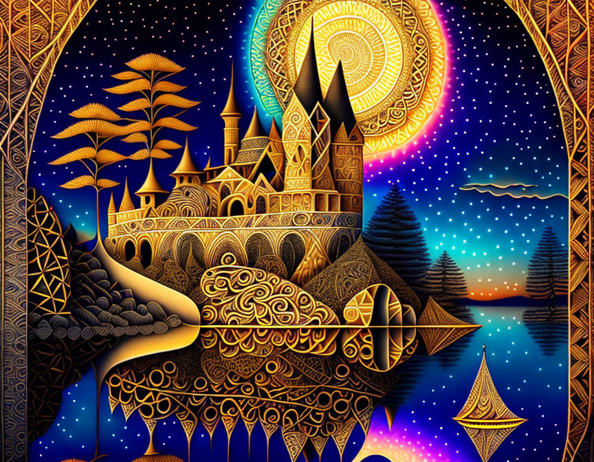 Fantasy landscape with gold and blue castle, lake, trees, moon