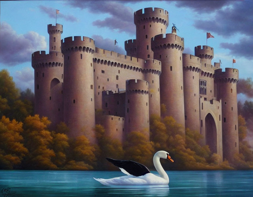 Majestic castle painting with serene lake and elegant swan