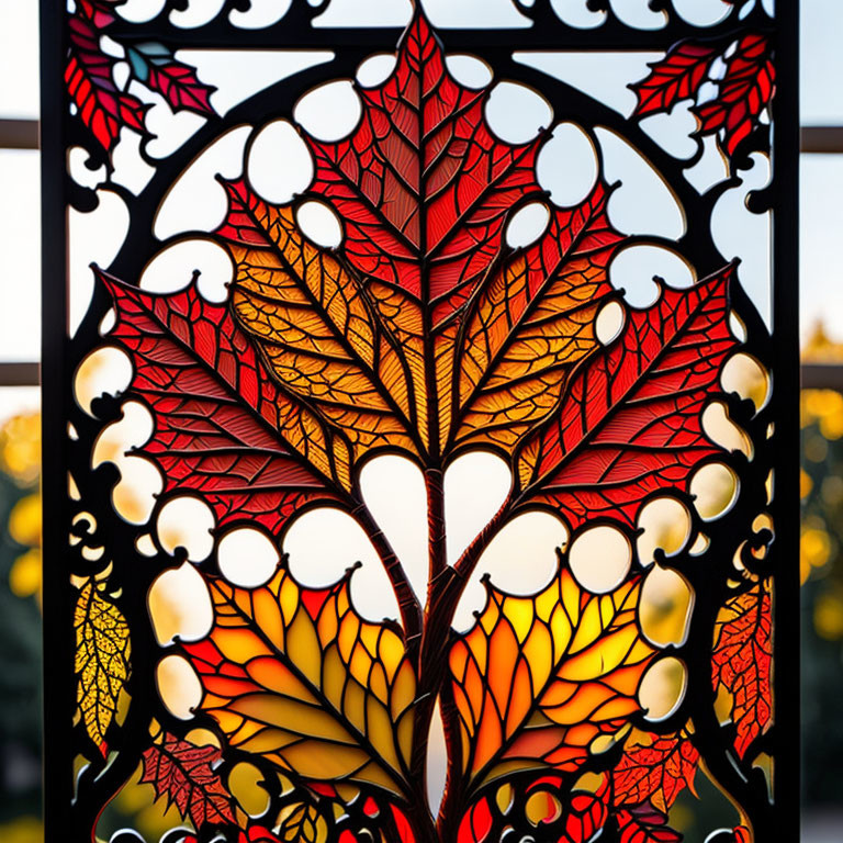 Colorful Stained Glass Panel Featuring Leaf Designs and Sunset Scene