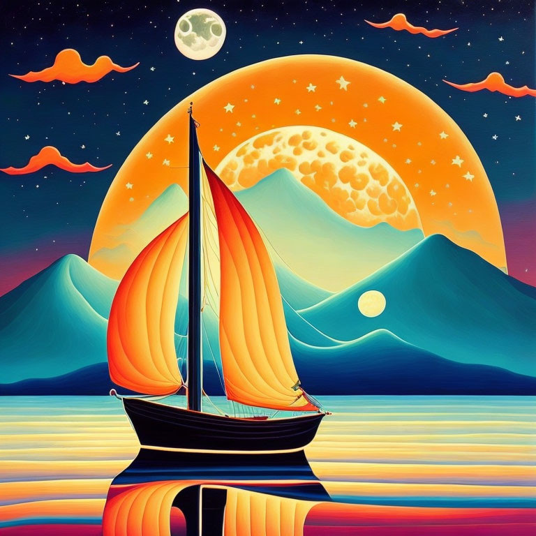 Surreal sailboat artwork with mountains, moon, and colorful sky