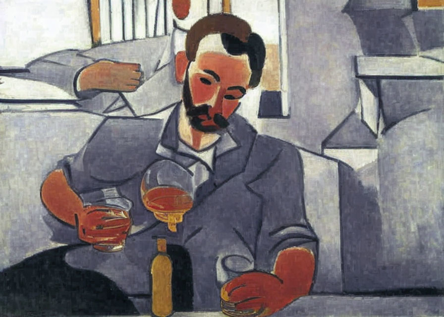 Cubist style portrait of a man with beard at table