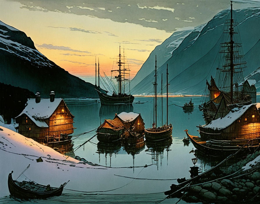 Tranquil harbor scene at sunset with old ships, snowy houses, mountains