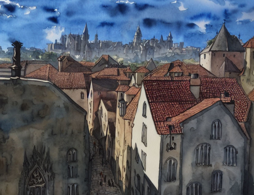 Medieval town watercolor: terracotta roofs, cobbled streets, distant castle, dramatic sky