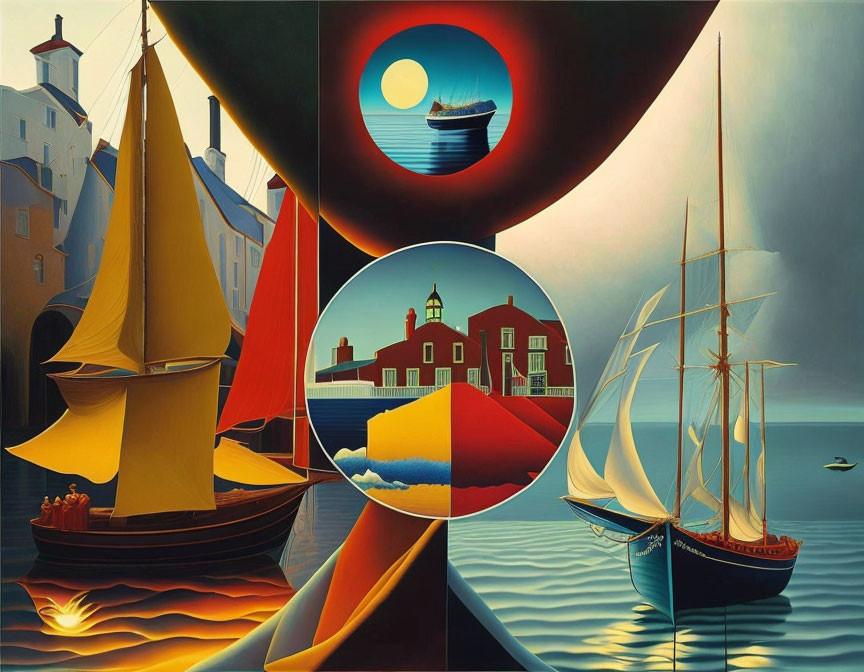 Vibrant boats and lighthouse in surreal maritime scene