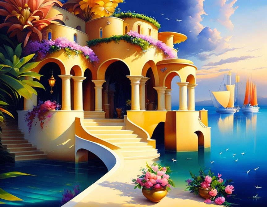 Mediterranean-style villa by the sea at sunset with flowers, archways, sailboats,