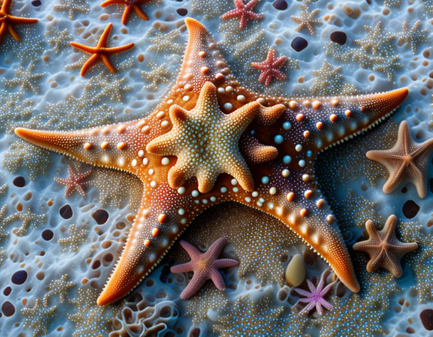 Vibrant Starfish on Textured Seabed with Pebbles