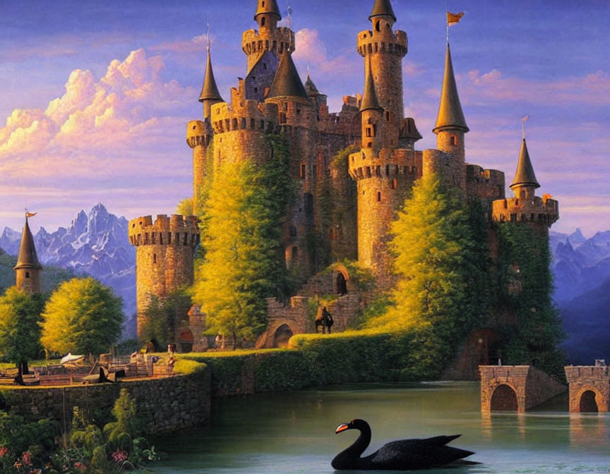 Majestic castle with spires, lush greenery, river, black swan, and mountains