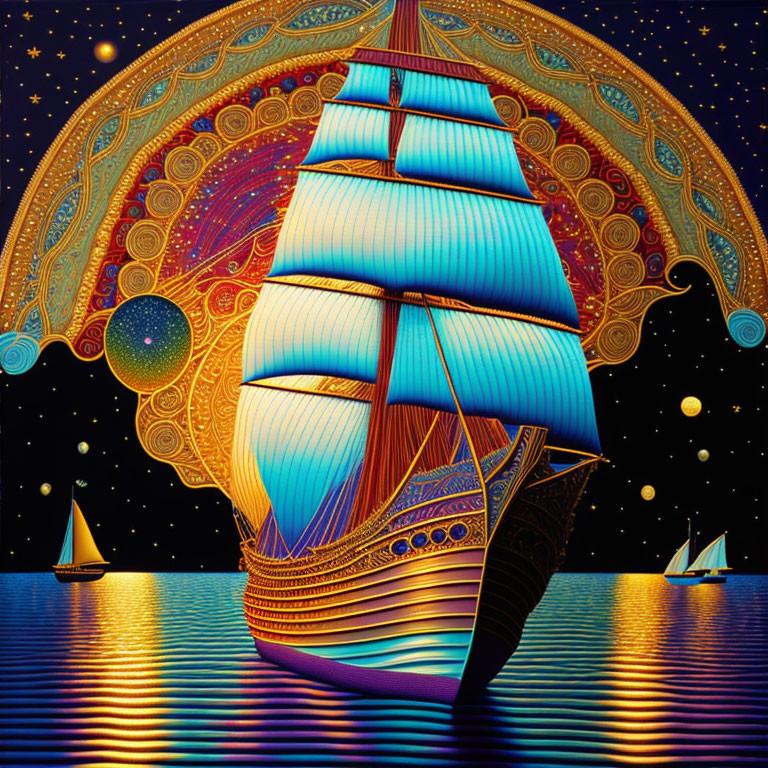 Detailed Illustration of Colorful Sailing Ship at Night