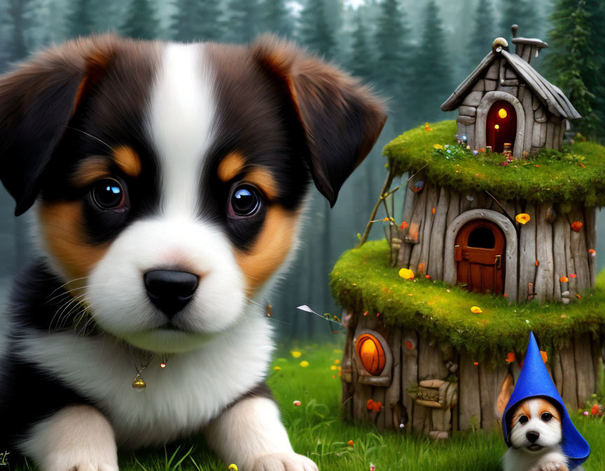 Adorable puppy and fantasy treehouse in mystical forest