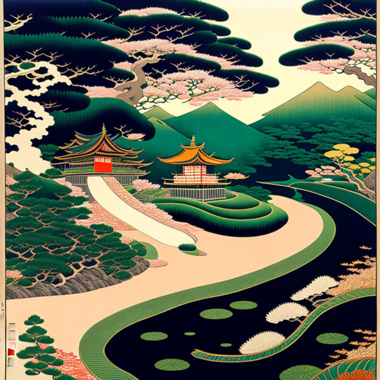 Traditional Japanese illustration: Pagodas in lush garden with winding paths, flowering trees, and distant mountains